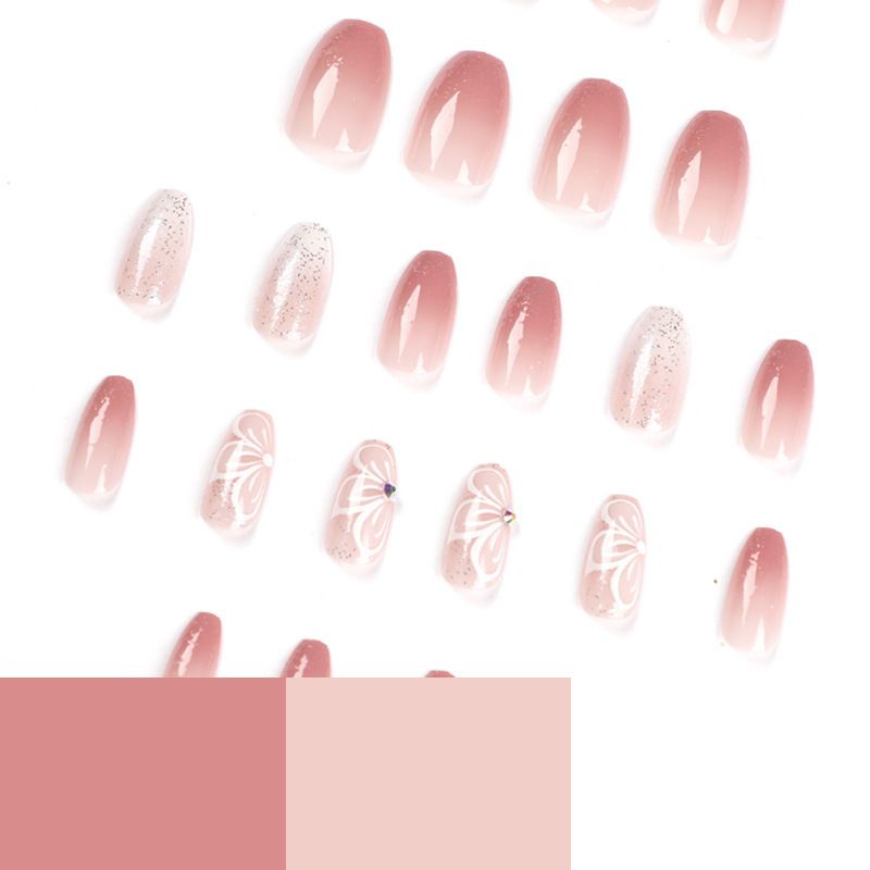 24pcs Shiny Fake Nails Reusable Stick On Nails Press on Full Cover False Nail Tips with Jelly Stickers Makeup Accessories Pink Color