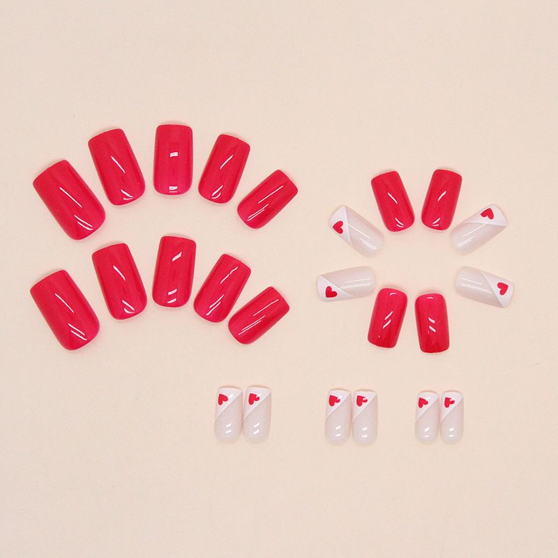 24pcs Wearable Fake Nails Reusable Stick On Nails Press on Full Cover Love Heart False Nail Tips with Jelly Stickers Makeup Accessories Rose Red