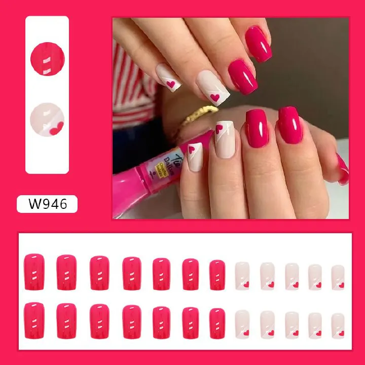 24pcs Wearable Fake Nails Reusable Stick On Nails Press on Full Cover Love Heart False Nail Tips with Jelly Stickers Makeup Accessories Rose Red