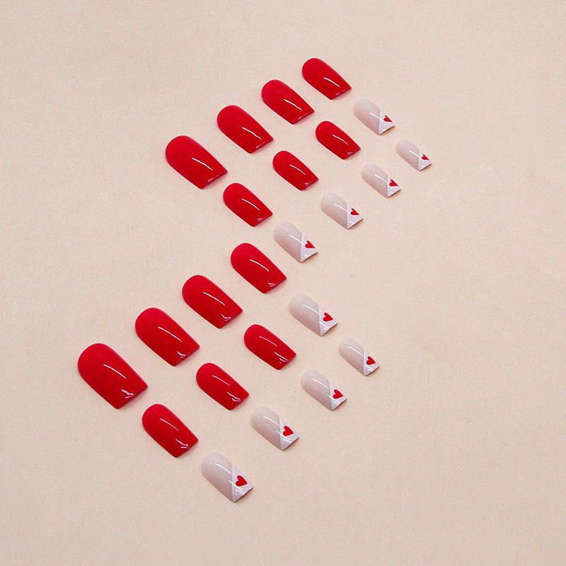 24pcs Wearable Fake Nails Reusable Stick On Nails Press on Full Cover Love Heart False Nail Tips with Jelly Stickers Makeup Accessories Rose Red