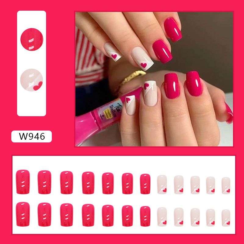 24pcs Wearable Fake Nails Reusable Stick On Nails Press on Full Cover Love Heart False Nail Tips with Jelly Stickers Makeup Accessories Rose Red