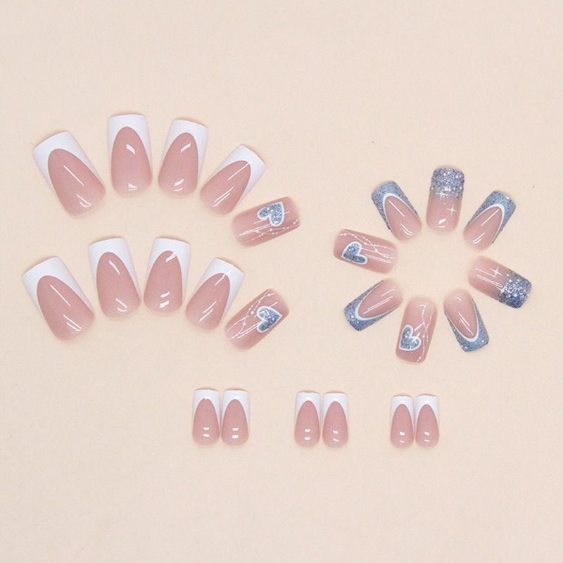 24pcs Wearable Shiny Fake Nails Reusable Stick On Nails Press on Full Cover Love Heart False Nail Tips with Jelly Stickers Makeup Accessories Blue view 4