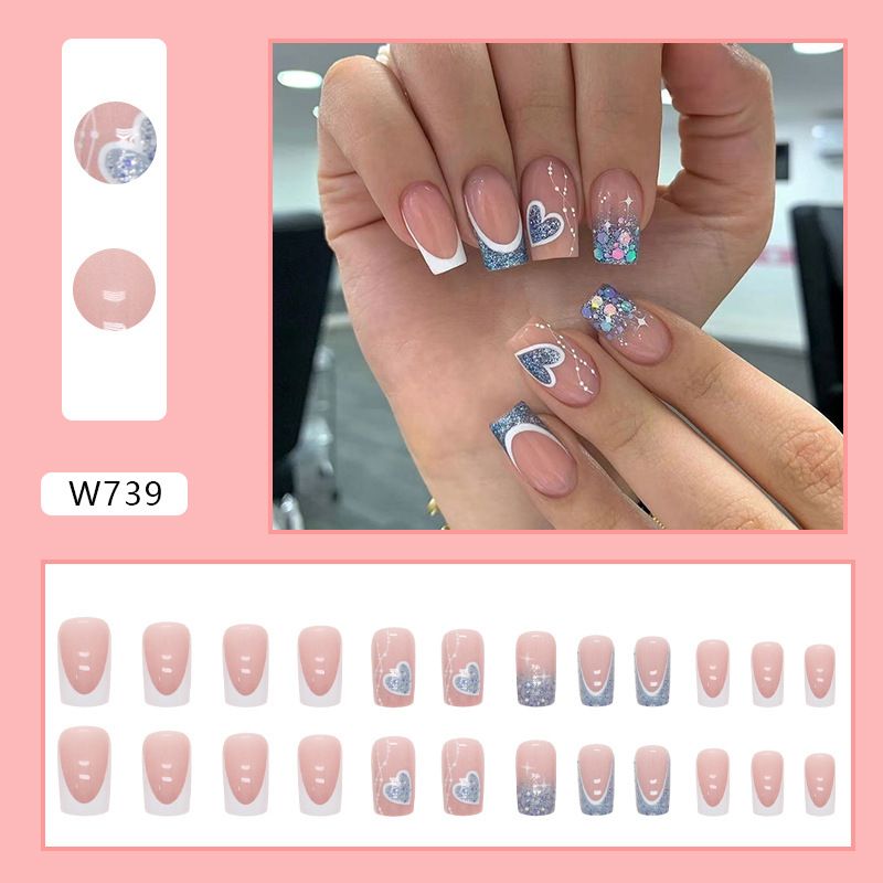 24pcs Wearable Shiny Fake Nails Reusable Stick On Nails Press on Full Cover Love Heart False Nail Tips with Jelly Stickers Makeup Accessories Blue