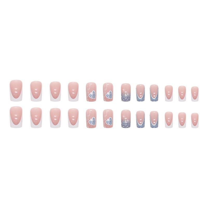 24pcs Wearable Shiny Fake Nails Reusable Stick On Nails Press on Full Cover Love Heart False Nail Tips with Jelly Stickers Makeup Accessories Blue view 3