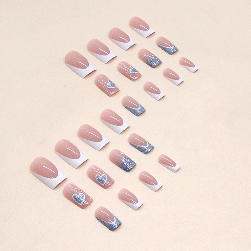 24pcs Wearable Shiny Fake Nails Reusable Stick On Nails Press on Full Cover Love Heart False Nail Tips with Jelly Stickers Makeup Accessories Blue view 8
