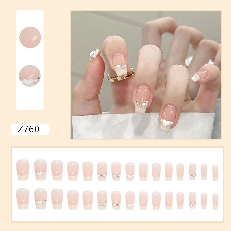 30pcs Wearable Fake Nails French Style Heart Reusable Stick On Nails Press on Full Cover False Nail Tips with Jelly Stickers Makeup Accessories view 7