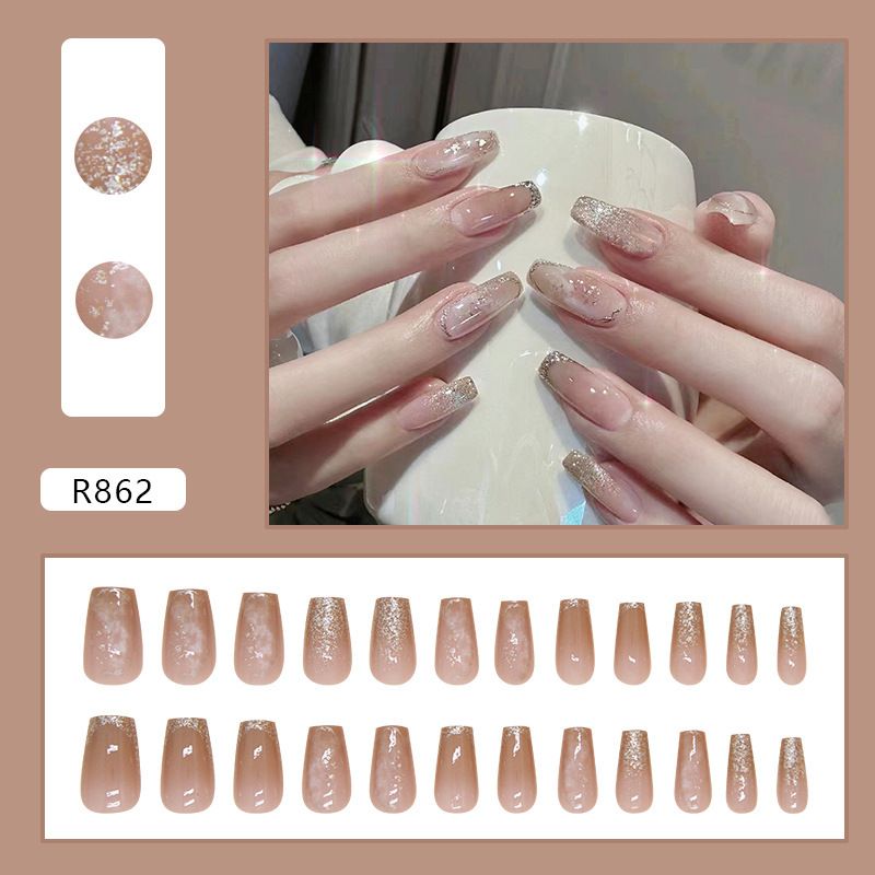 24pcs Shiny Flower Wearable Fake Nails Reusable Stick On Nails Press on Full Cover False Nail Tips with Jelly Stickers Makeup Accessories
