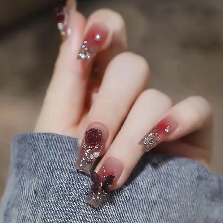 24pcs Shiny Flower Wearable Fake Nails Reusable Stick On Nails Press on Full Cover False Nail Tips with Jelly Stickers Makeup Accessories