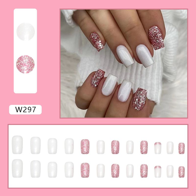 24pcs Shiny Wearable Fake Nails Reusable Stick On Nails Press on Full Cover False Nail Tips with Jelly Stickers Makeup Accessories view 5