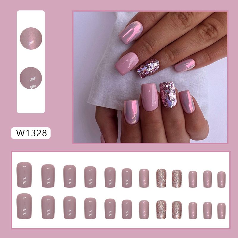 24pcs Shiny Wearable Fake Nails Reusable Stick On Nails Press on Full Cover False Nail Tips with Jelly Stickers Makeup Accessories view 9