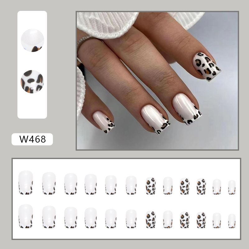 24pcs Leopard Print Wearable Fake Nails French Style Reusable Stick On Nails Press on Full Cover False Nail Tips with Jelly Stickers Makeup Accessories view 3