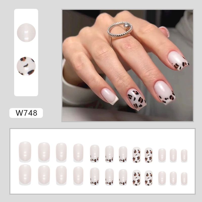 24pcs Leopard Print Wearable Fake Nails French Style Reusable Stick On Nails Press on Full Cover False Nail Tips with Jelly Stickers Makeup Accessories view 7
