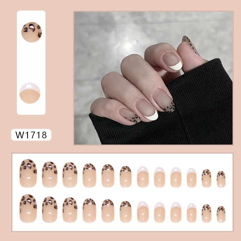 24pcs Leopard Print Wearable Fake Nails French Style Reusable Stick On Nails Press on Full Cover False Nail Tips with Jelly Stickers Makeup Accessories view 4