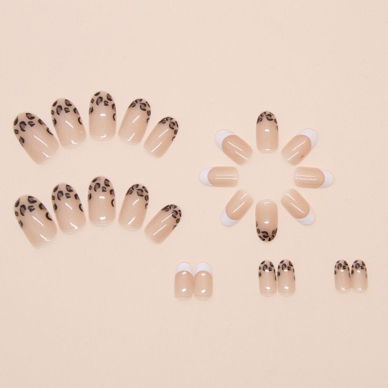 24pcs Leopard Print Wearable Fake Nails French Style Reusable Stick On Nails Press on Full Cover False Nail Tips with Jelly Stickers Makeup Accessories view 6