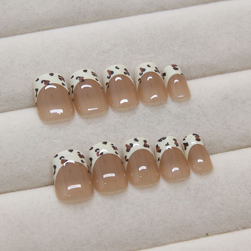 24pcs Leopard Print Wearable Fake Nails French Style Reusable Stick On Nails Press on Full Cover False Nail Tips with Jelly Stickers Makeup Accessories view 10