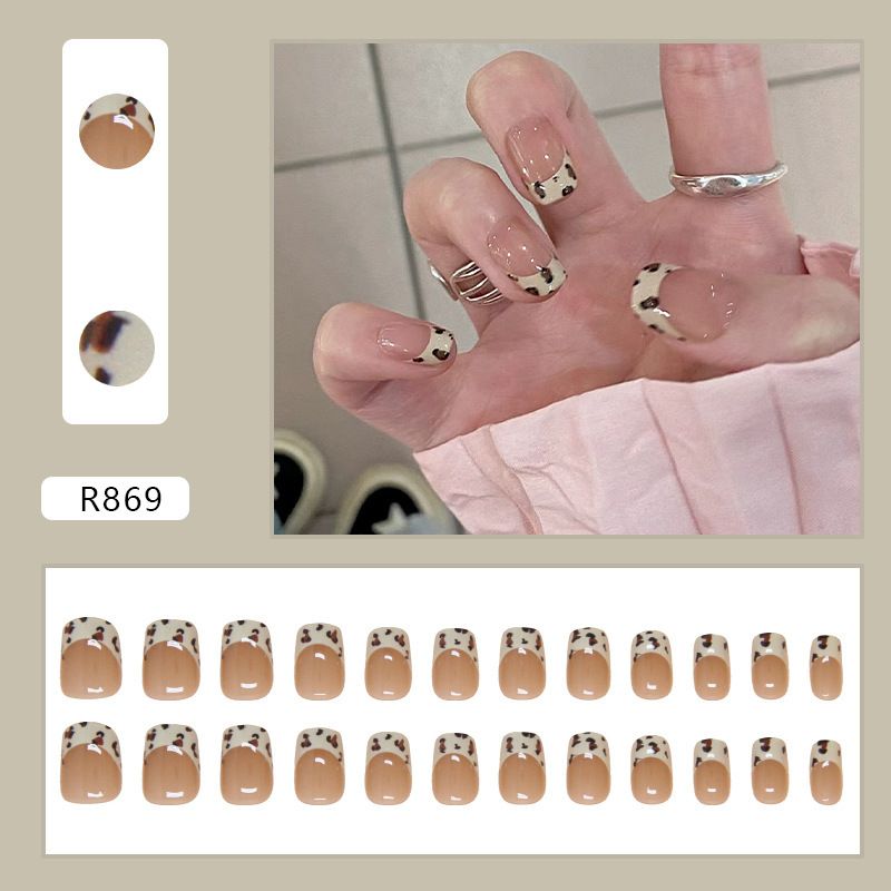 24pcs Leopard Print Wearable Fake Nails French Style Reusable Stick On Nails Press on Full Cover False Nail Tips with Jelly Stickers Makeup Accessories view 9