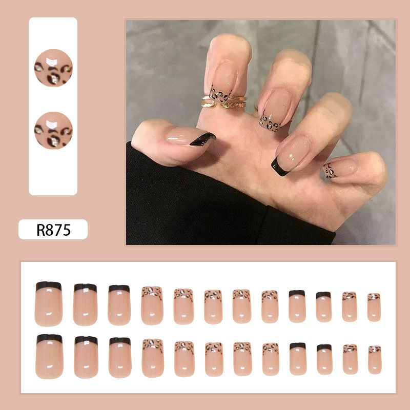 24pcs Leopard Print Wearable Fake Nails French Style Reusable Stick On Nails Press on Full Cover False Nail Tips with Jelly Stickers Makeup Accessories view 7