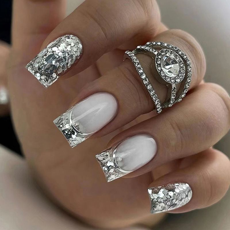 New 24pcs Shiny Wearable Fake Nails French Style Reusable Stick On Nails Press on Full Cover False Nail Tips with Jelly Stickers Makeup Accessories