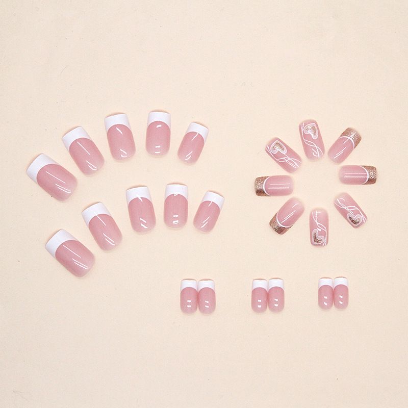 NEW 24pcs Wearable Fake Nails French Style Love Heart Reusable Stick On Nails Press on Full Cover False Nail Tips with Jelly Stickers Makeup Accessories