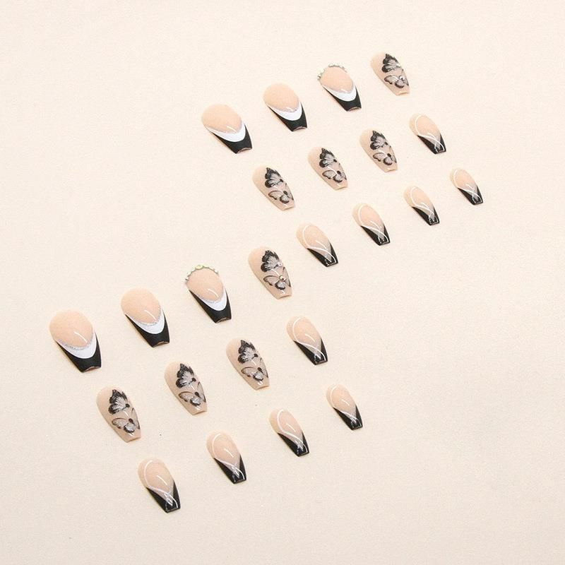 NEW 24pcs Wearable Fake Nails Black French Style Reusable Stick On Nails Press on Full Cover False Nail Tips with Jelly Stickers Makeup Accessories view 5
