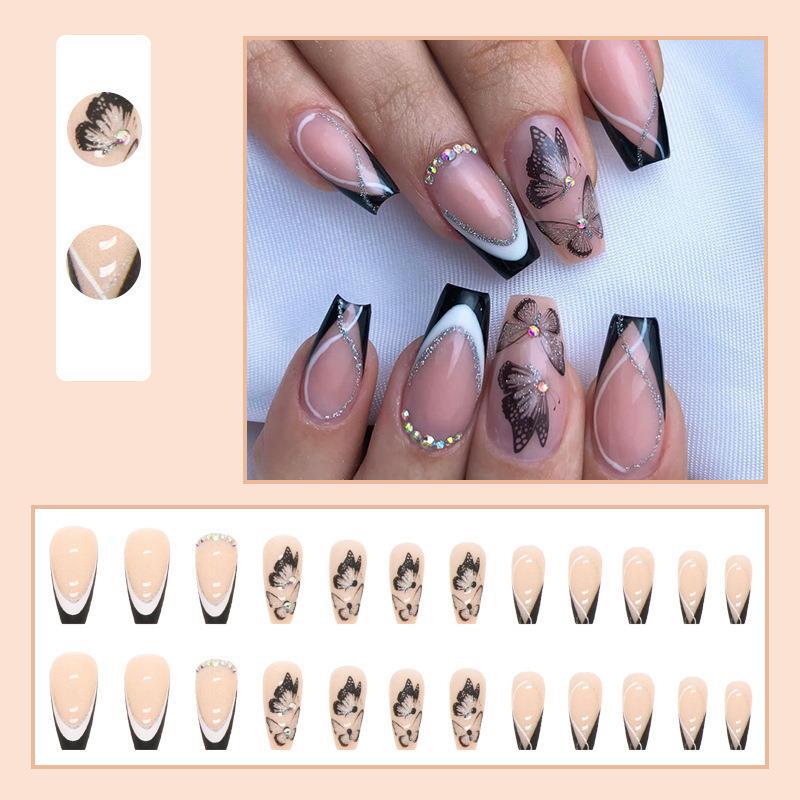 NEW 24pcs Wearable Fake Nails Black French Style Reusable Stick On Nails Press on Full Cover False Nail Tips with Jelly Stickers Makeup Accessories view 4