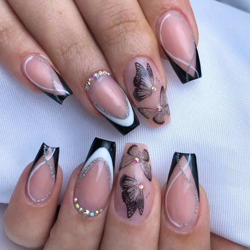 NEW 24pcs Wearable Fake Nails Black French Style Reusable Stick On Nails Press on Full Cover False Nail Tips with Jelly Stickers Makeup Accessories