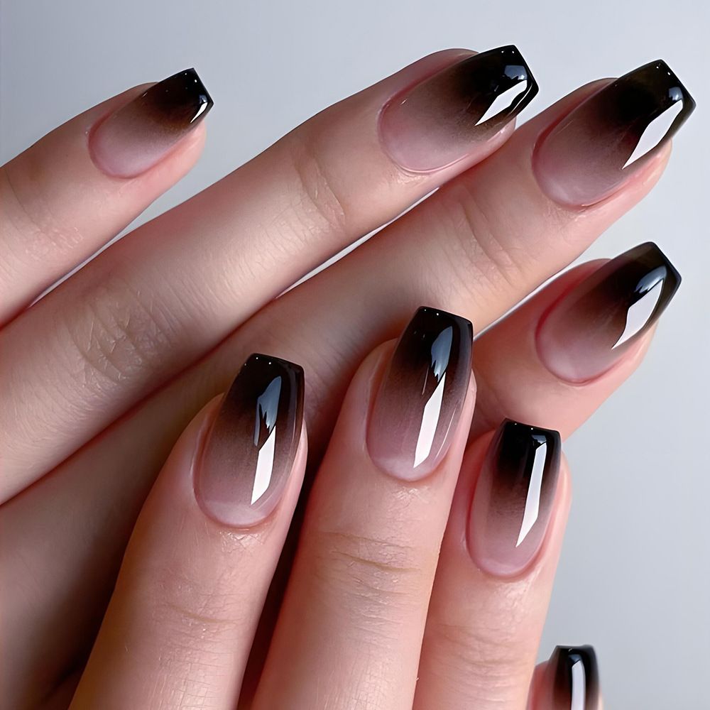NEW 24pcs Wearable Fake Nails Black French Style Reusable Stick On Nails Press on Full Cover False Nail Tips with Jelly Stickers Makeup Accessories view 3