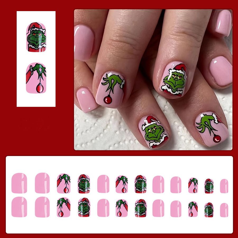NEW 24pcs Wearable Fake Nails Christmas Reusable Stick On Nails Press on Full Cover False Nail Tips with Jelly Stickers Makeup Accessories Santa Claus Red Green view 8