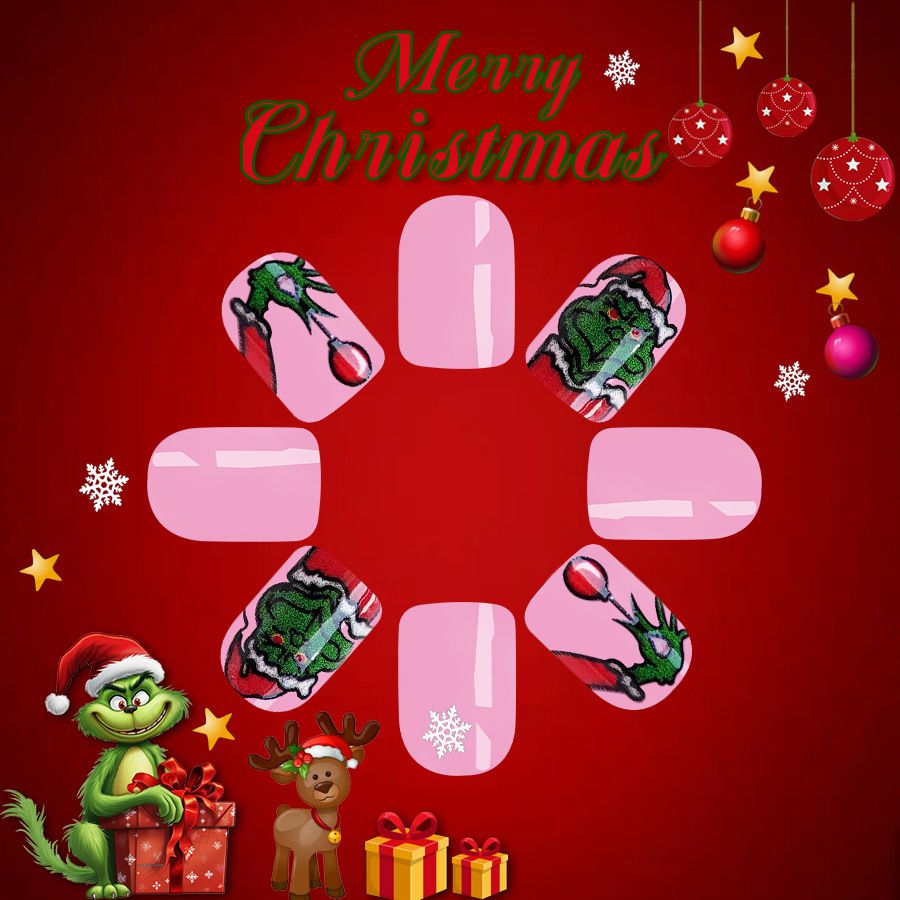 NEW 24pcs Wearable Fake Nails Christmas Reusable Stick On Nails Press on Full Cover False Nail Tips with Jelly Stickers Makeup Accessories Santa Claus Red Green view 3