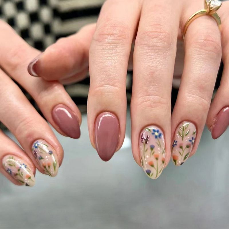 NEW 24pcs Flower Wearable Fake Nails Reusable Stick On Nails Press on Full Cover False Nail Tips with Jelly Stickers Makeup Accessories