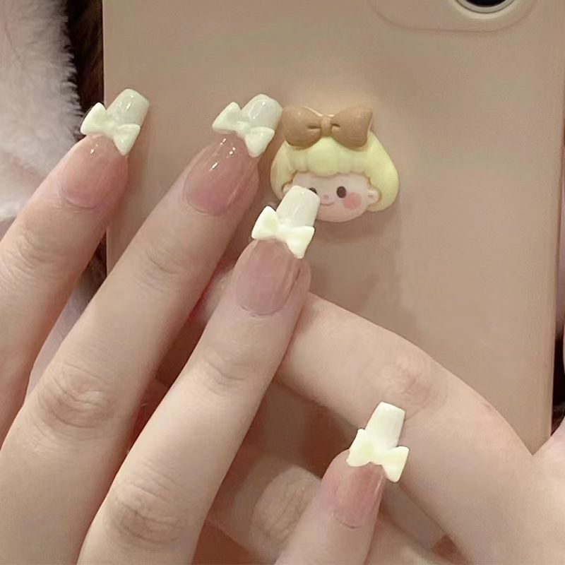 NEW 24pcs Bowknot Wearable Fake Nails Reusable Stick On Nails Press on Full Cover False Nail Tips with Jelly Stickers Makeup Accessories view 3