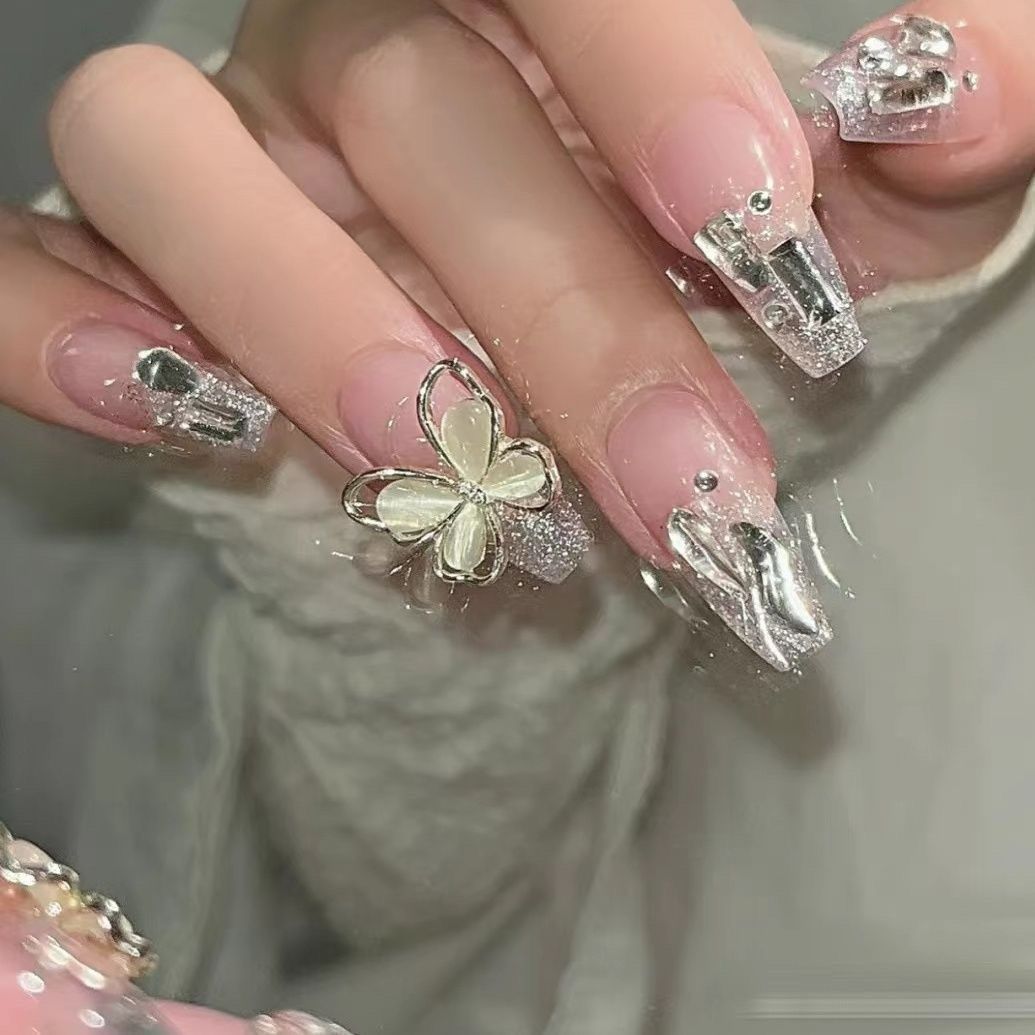 NEW 24pcs Bowknot Wearable Fake Nails Reusable Stick On Nails Press on Full Cover False Nail Tips with Jelly Stickers Makeup Accessories view 9