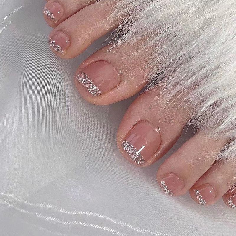 24 pcs Shiny Toe Fake Nails Toenail Wearable Nail Stickers Detachable False Nail Tips With Jelly Stickers Toes Nails Art