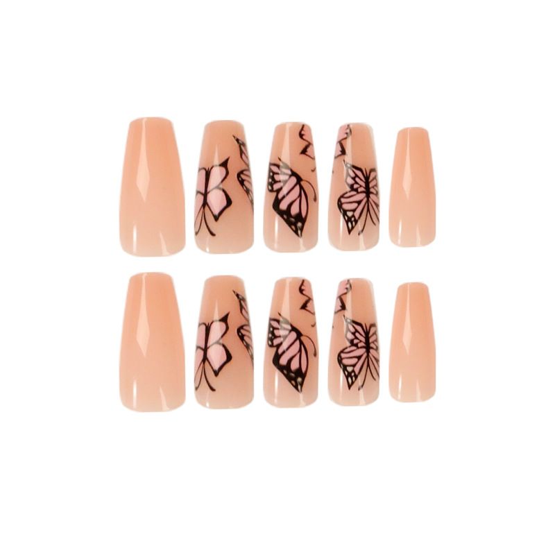 24pcs Wearable Fake Nails French Tip Butterfly Reusable Stick On Nails Press on Full Cover False Nail Tips with Jelly Stickers Makeup Accessories Pink Naked Color view 7