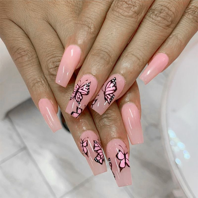 24pcs Wearable Fake Nails French Tip Butterfly Reusable Stick On Nails Press on Full Cover False Nail Tips with Jelly Stickers Makeup Accessories Pink Naked Color view 2