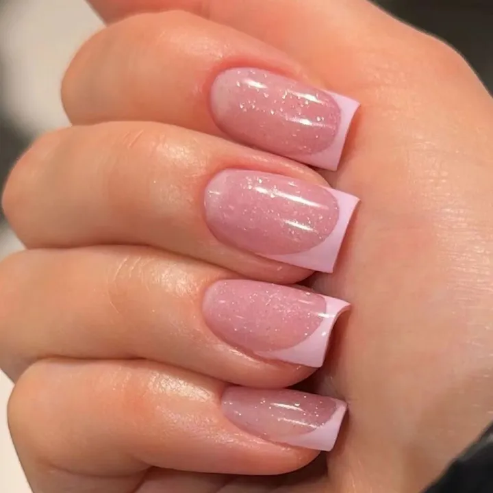 24pcs French Tip Square Wearable Fake Nails Reusable Stick On Nails Press on Full Cover False Nail Tips with Jelly Stickers Makeup Accessories Pink Color