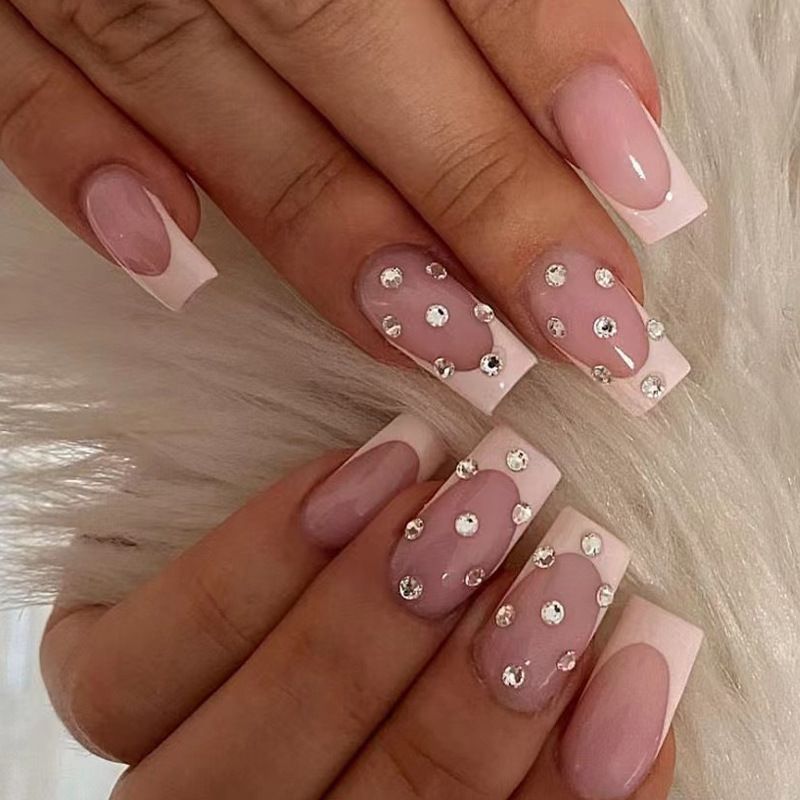24pcs French Tip Square Wearable Fake Nails Reusable Stick On Nails Press on Full Cover False Nail Tips with Jelly Stickers Makeup Accessories Pink Color