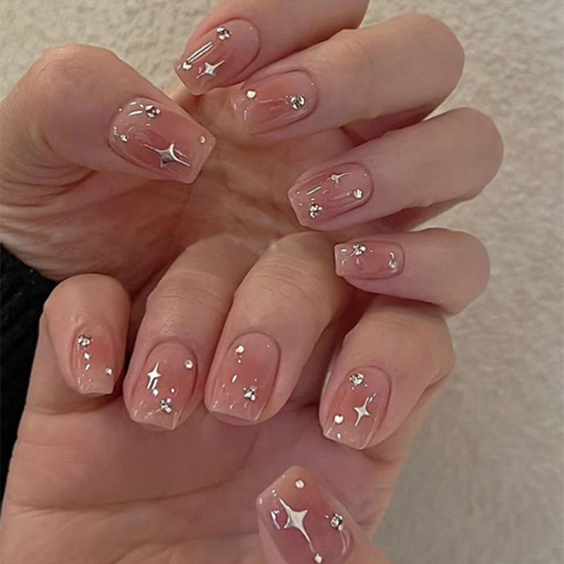 24pcs French Tip Square Wearable Fake Nails Reusable Stick On Nails Press on Full Cover False Nail Tips with Jelly Stickers Makeup Accessories Star Style