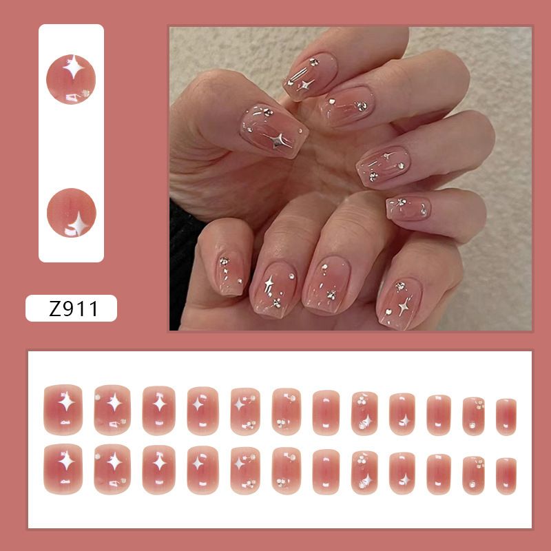 24pcs French Tip Square Wearable Fake Nails Reusable Stick On Nails Press on Full Cover False Nail Tips with Jelly Stickers Makeup Accessories Star Style view 4