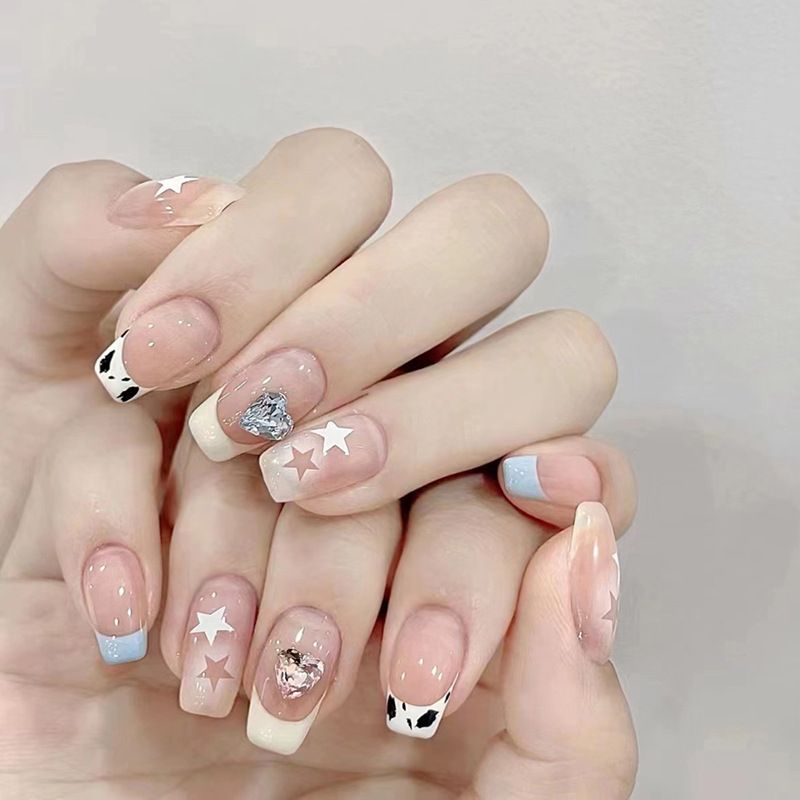 24pcs French Tip Square Wearable Fake Nails Reusable Stick On Nails Press on Full Cover False Nail Tips with Jelly Stickers Makeup Accessories Star Style view 2