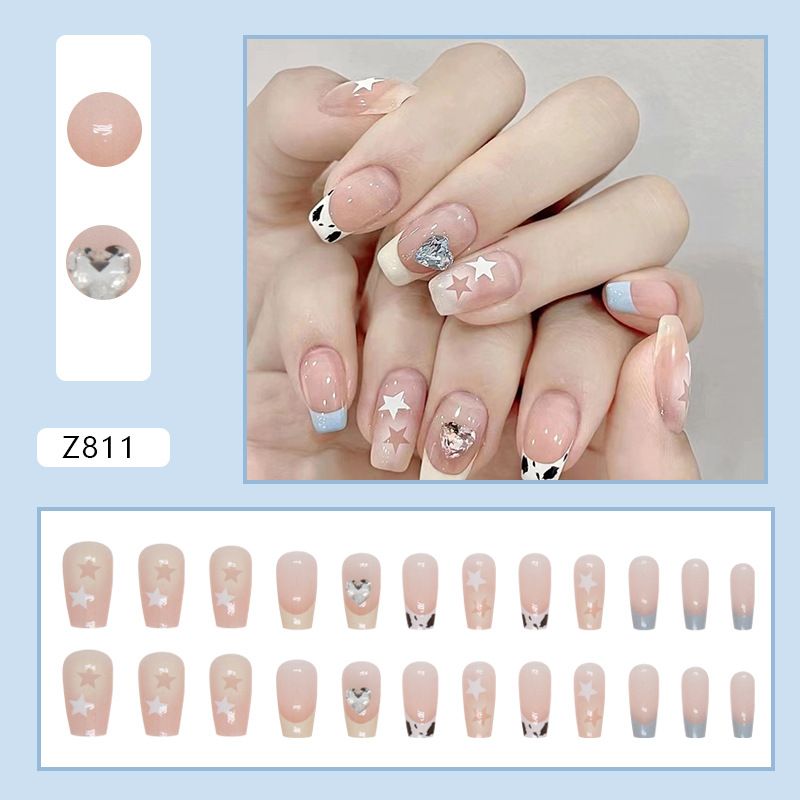 24pcs French Tip Square Wearable Fake Nails Reusable Stick On Nails Press on Full Cover False Nail Tips with Jelly Stickers Makeup Accessories Star Style view 6