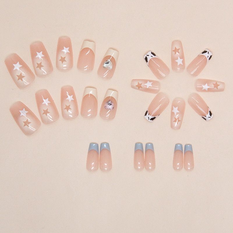 24pcs French Tip Square Wearable Fake Nails Reusable Stick On Nails Press on Full Cover False Nail Tips with Jelly Stickers Makeup Accessories Star Style view 7
