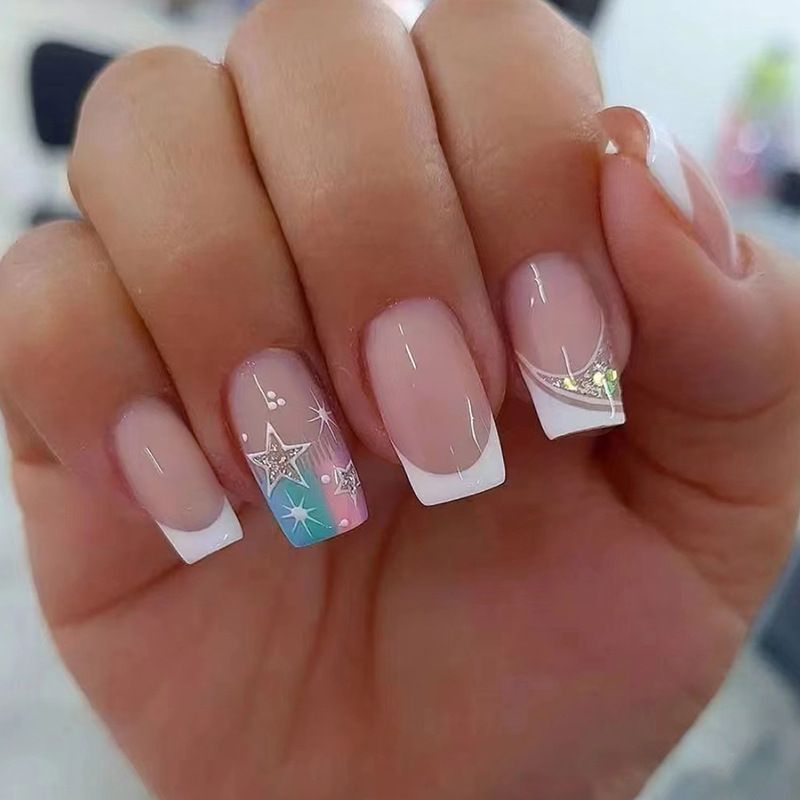 24pcs French Tip Square Wearable Fake Nails Reusable Stick On Nails Press on Full Cover False Nail Tips with Jelly Stickers Makeup Accessories Star Style view 3