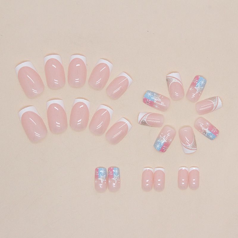 24pcs French Tip Square Wearable Fake Nails Reusable Stick On Nails Press on Full Cover False Nail Tips with Jelly Stickers Makeup Accessories Star Style view 10