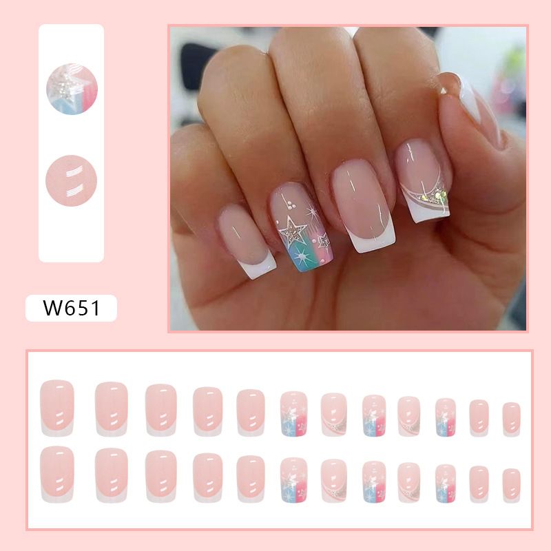 24pcs French Tip Square Wearable Fake Nails Reusable Stick On Nails Press on Full Cover False Nail Tips with Jelly Stickers Makeup Accessories Star Style view 9