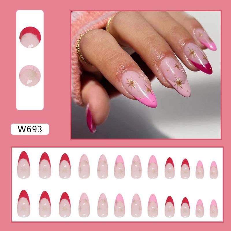 24pcs French Tip Almond  Wearable Fake Nails Reusable Stick On Nails Press on Full Cover False Nail Tips with Jelly Stickers Makeup Accessories Star Style view 4