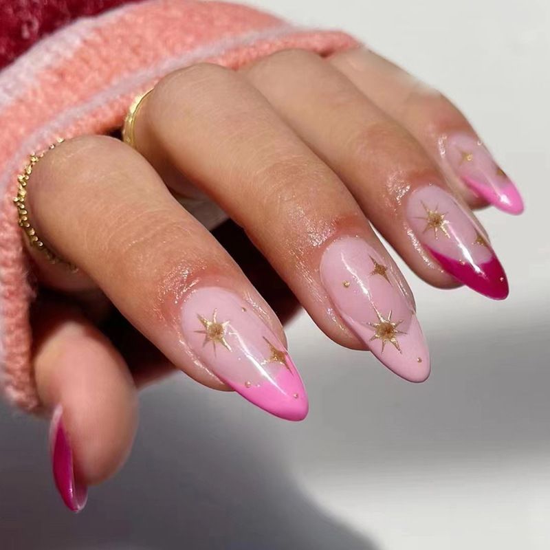24pcs French Tip Almond  Wearable Fake Nails Reusable Stick On Nails Press on Full Cover False Nail Tips with Jelly Stickers Makeup Accessories Star Style