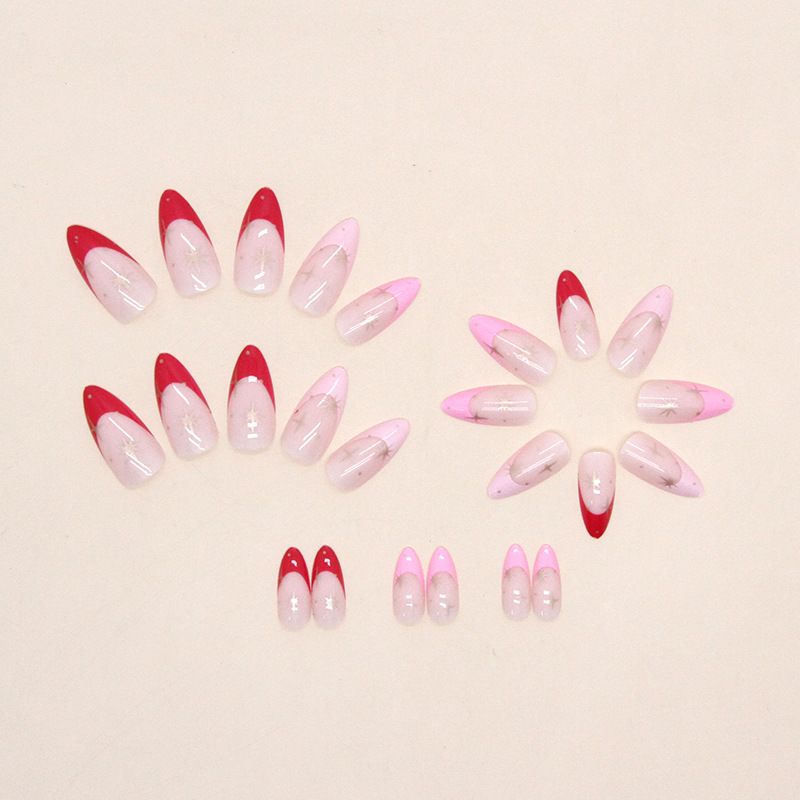24pcs French Tip Almond  Wearable Fake Nails Reusable Stick On Nails Press on Full Cover False Nail Tips with Jelly Stickers Makeup Accessories Star Style view 5