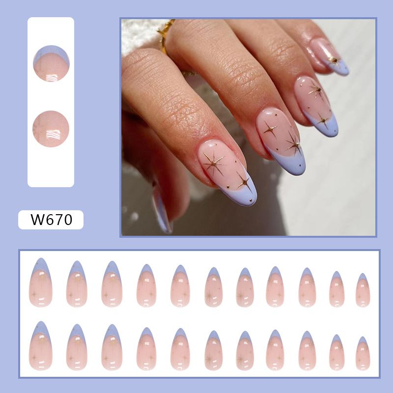 24pcs French Tip Almond  Wearable Fake Nails Reusable Stick On Nails Press on Full Cover False Nail Tips with Jelly Stickers Makeup Accessories Star Style view 7