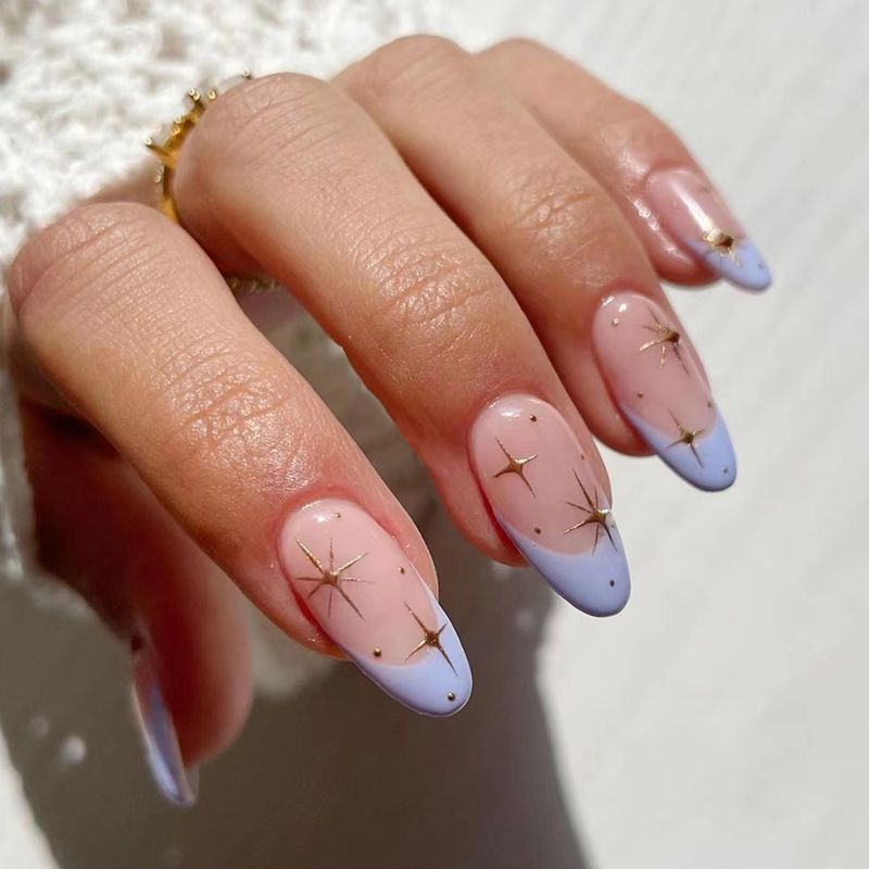 24pcs French Tip Almond  Wearable Fake Nails Reusable Stick On Nails Press on Full Cover False Nail Tips with Jelly Stickers Makeup Accessories Star Style view 2